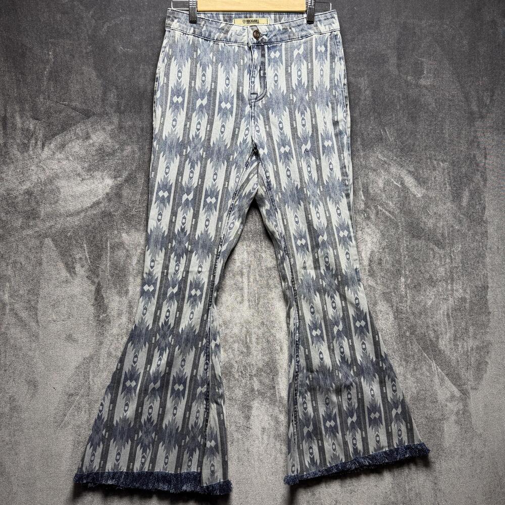 Rock & Roll Denim Jeans Womens 28x36 Blue High Rise Flare Fringe Aztec Print